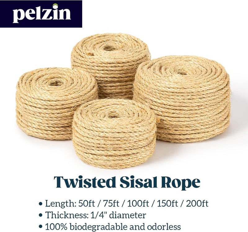 PELZIN Natural Sisal Rope for Cat Scratcher 1/4 Inch by 200 Feet, Cat Tree Rope Twine for Cat Scratching Post Replacement, Cat Tower with Scratch Post Repairing, Replace, Recovering and DIY, Natural - Image 3